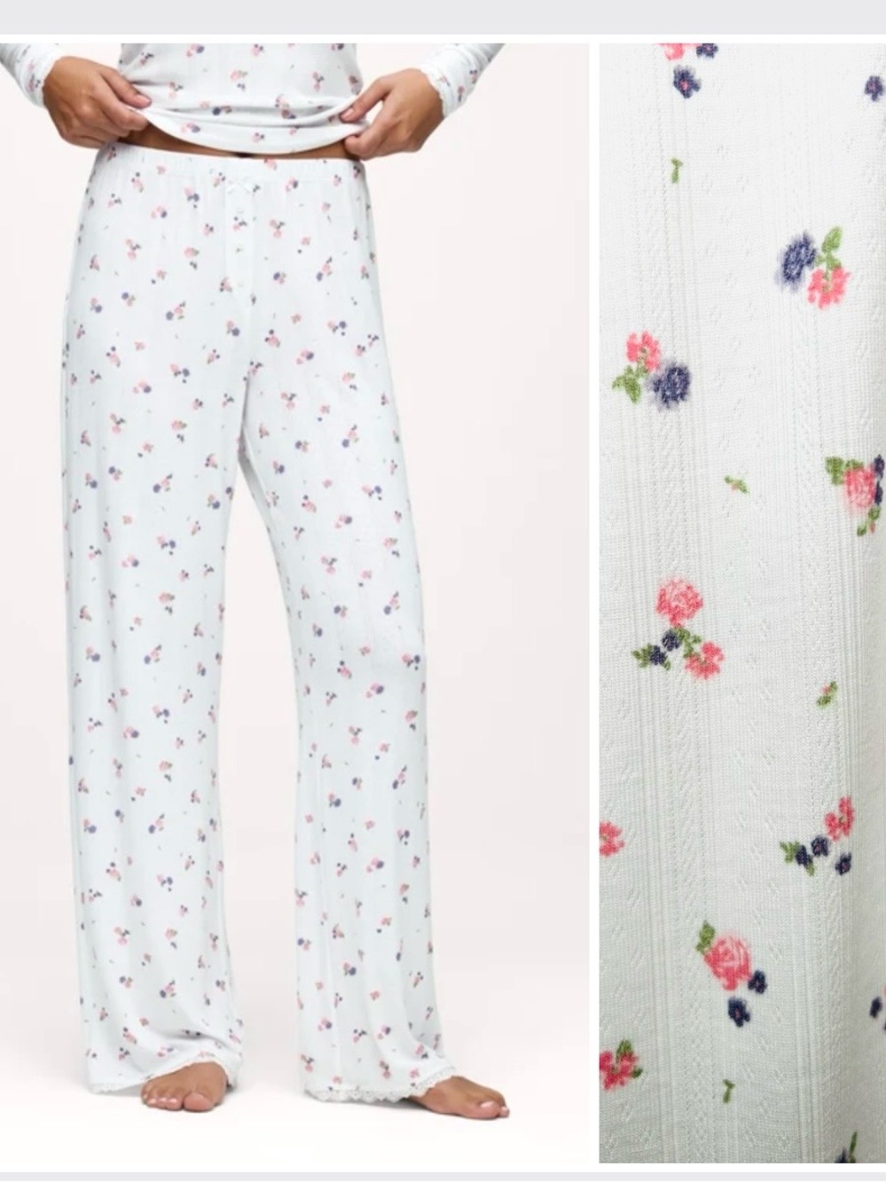 Nuuds Sweatheart Pajama Pants Ribbed White Pink Rosette Size S